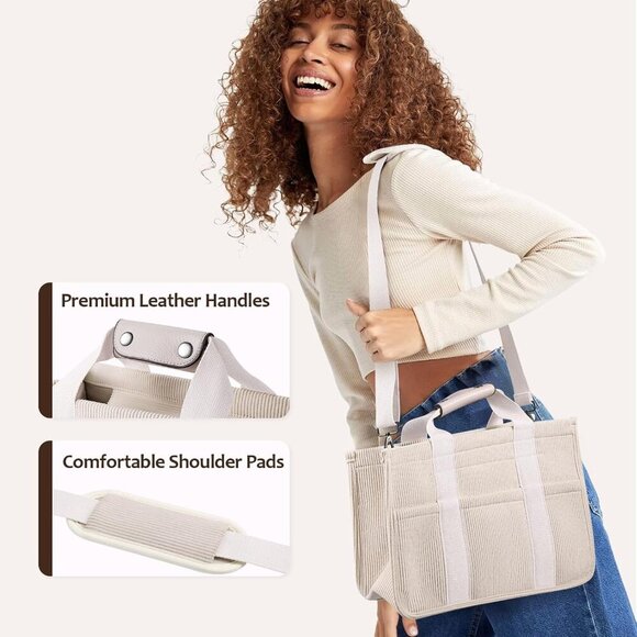 Women Large Corduroy Tote Bag with Pockets Adjustable Strap Everyday Purse - Picture 5 of 7